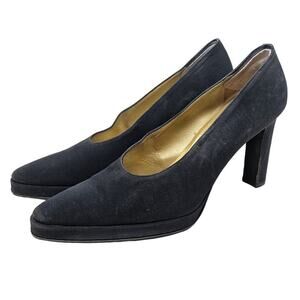 Vintage 90s YSL 8 Black Suede Pump Classic Minimalist Career Platform Chic